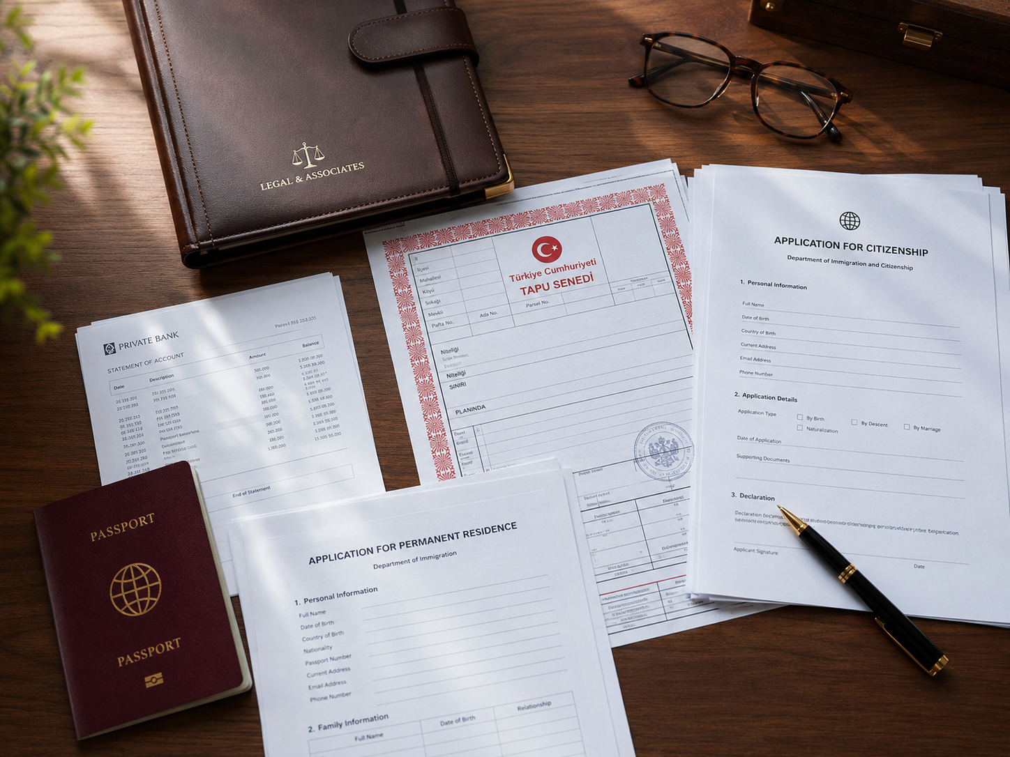 Documents required for Turkish citizenship application: passport, title deed, bank statements, application forms